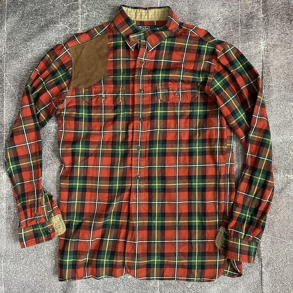 Men's Vintage 90's Polo Ralph Lauren Orange Flannel Suede Shooting Shirt Sz L